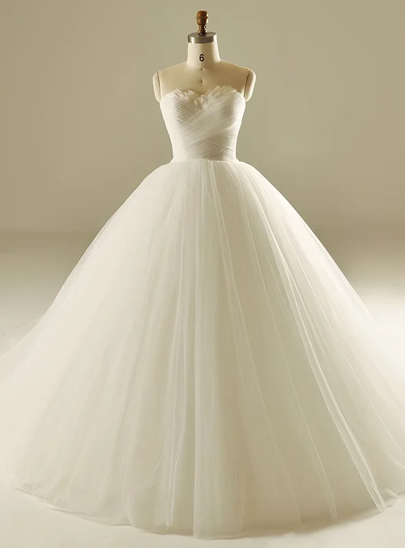 White Tulle Sweetheart Pleats Wedding Dress Sexy Lace Gown