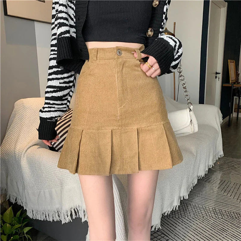 Black Khaki Corduroy Pleated High Waisted Skirt Silk unclassified skirts