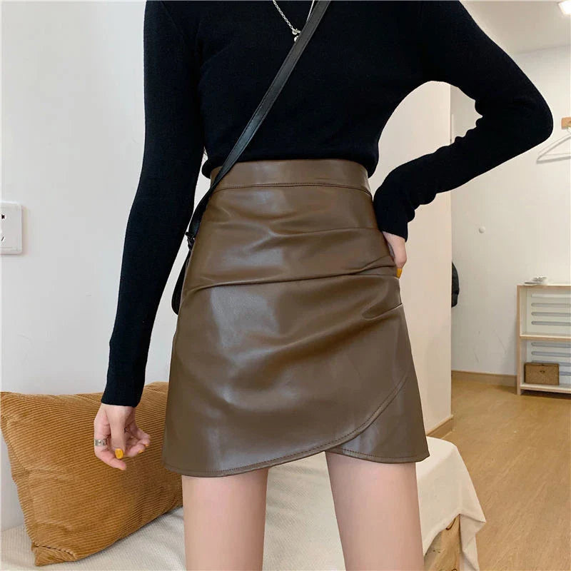 Pleated Pu Leather High Waist Irregular Skirt Boho unclassified skirts