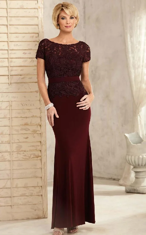 Christina Wu Elegance Short Sleeve Jeweled Lace Peplum Sheath Gown - 1 pc Wine In Size 6 Available Satin party dresses