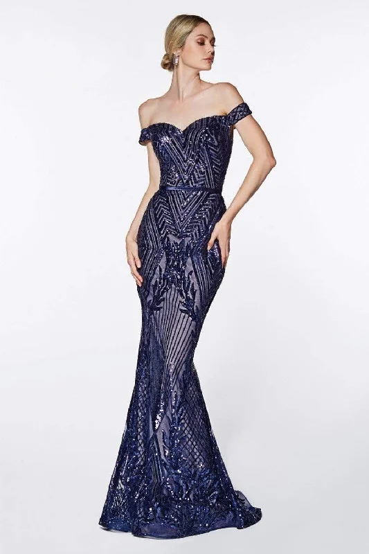 Cinderella Divine - CB0039 Sparkly Geomtric Sequin Off-Shoulder Evening Gown - 1 pc Navy in Size 16 Available Best party dresses for cocktail parties