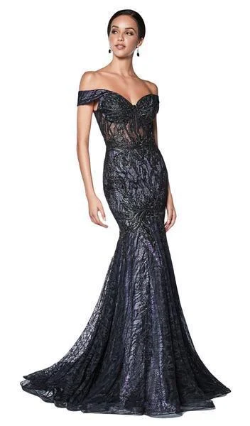 Cinderella Divine - KC874 Beaded Lace Off-Shoulder Trumpet Silhouette Evening Gown - 1 pc Black-Lilac in Size 8 Available Lace party dresses