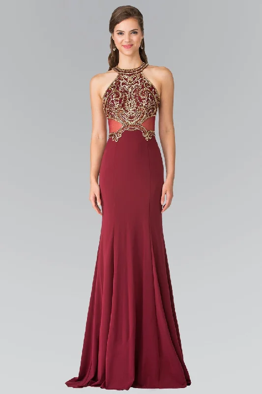 Elizabeth K - Bead Embellished Halter Sheer Back Evening Gown GL2328 - 1 pc Burgundy In Size XS Available Petite party dresses