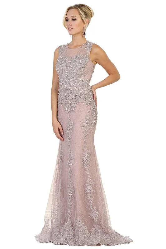 May Queen - RQ7551 Embellished Illusion Jewel Sheath Gown - 1 pc Mauve in Size 8 Available Designer party dresses