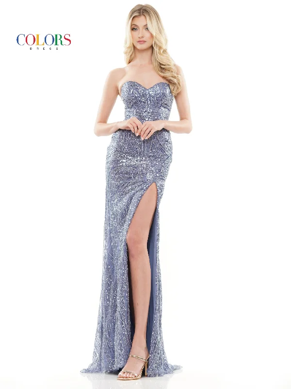 Colors 3142 Long Strapless Beaded Mesh Slit Prom Dress Best maxi dresses for elegant looks