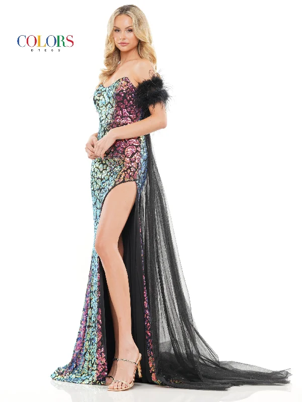 Colors 3259 Long Fitted Off Shoulder Feather Prom Dress Designer maxi dresses