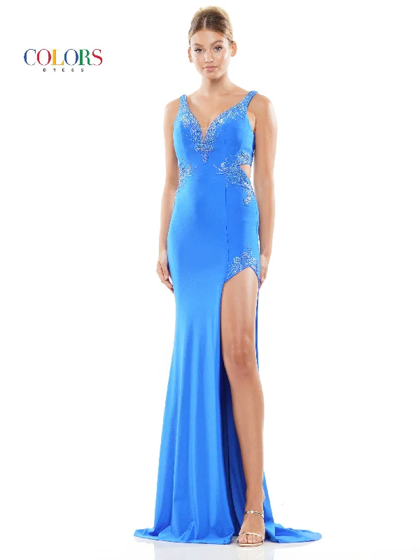 Colors 3292 Long Sleeveless Fitted satin Prom Dress Best maxi dresses for date night