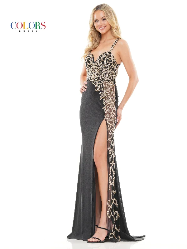 Colors 3306 Long Beaded Mesh Front Slit Cross Back Satin Prom Dress Sexy little black maxi dresses