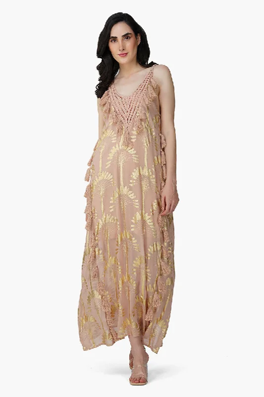 Golden Taupe Foil Printed Strap Maxi Dress Chiffon maxi dresses