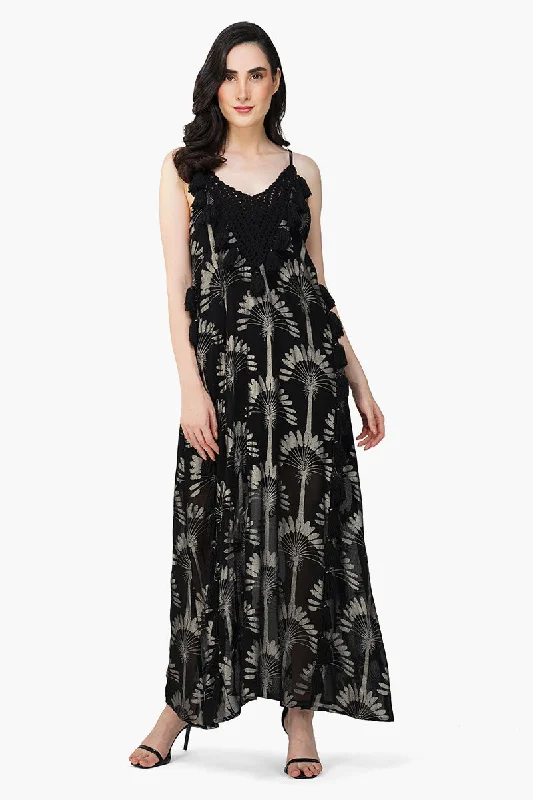 Silver Black Foil Printed Strap Maxi Dress Long sleeve maxi dresses