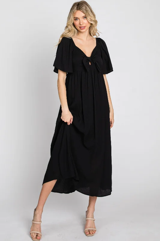 Black Front Tie Ruffle Sleeve Midi Dress Corset midi dresses