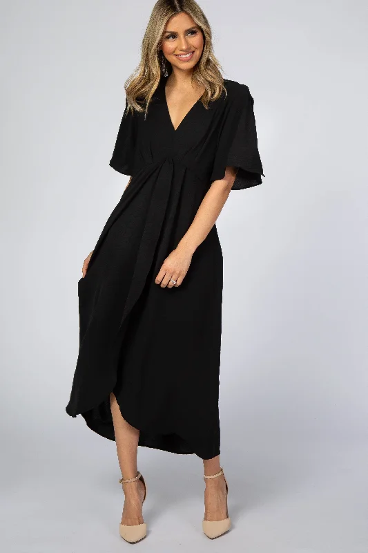 Black Open Sleeve Wrap Midi Dress Cocktail midi dresses