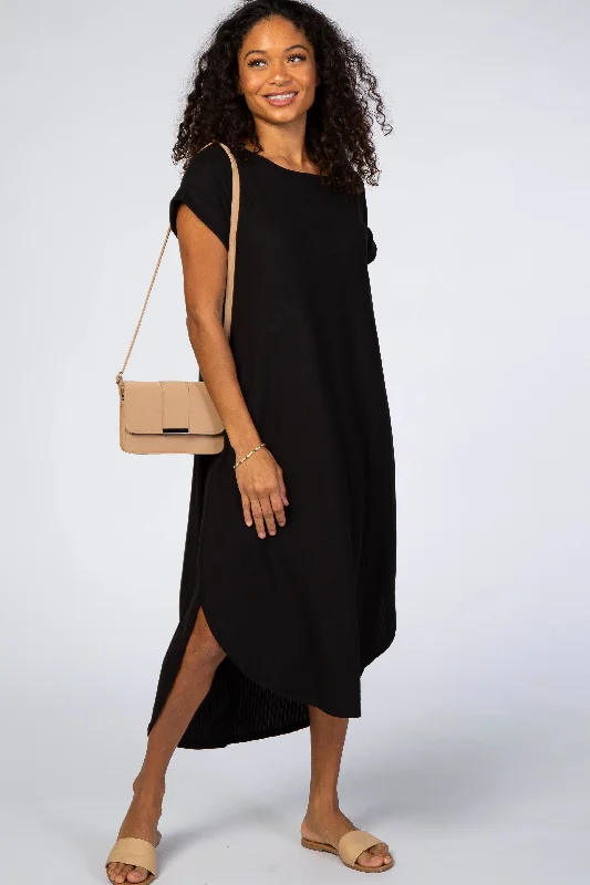 Black Ribbed Curved Hem Midi Dress Sexy little black midi dresses