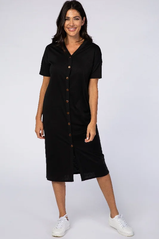 Black Short Sleeve V-Neck Button Detail Midi Dress Office midi dresses