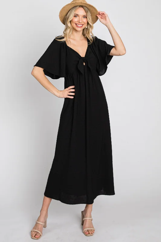 Black Textured Dot Front Tie Ruffle Sleeve Midi Dress Winter midi dresses