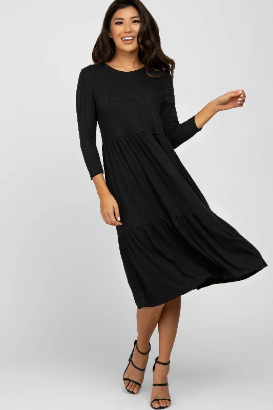 Black Tiered Ribbed 3/4 Sleeve Midi Dress Best midi dresses for hourglass body shape