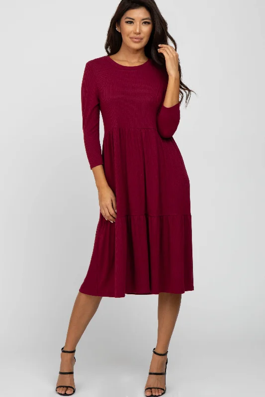 Burgundy Tiered Ribbed 3/4 Sleeve Midi Dress Best value midi dresses