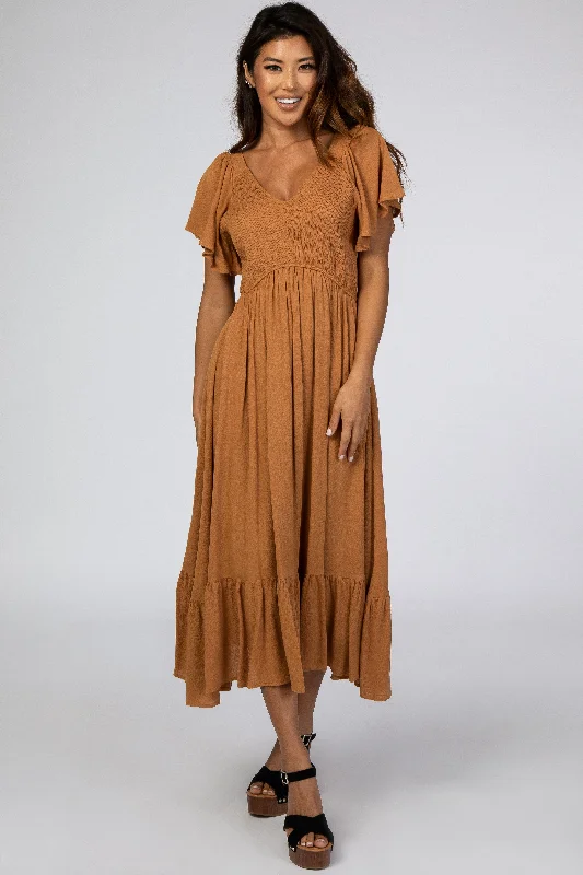 Camel Smocked V-Neck Midi Dress Preppy midi dresses