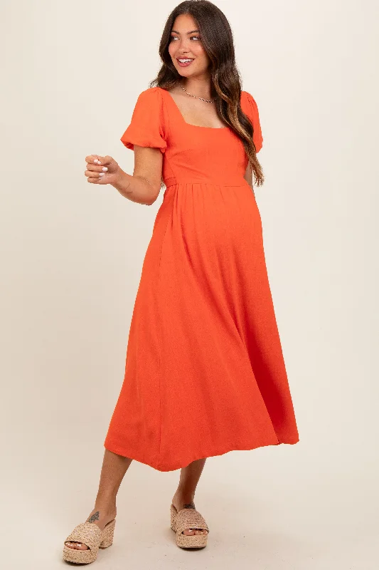 Coral Puff Sleeve Linen Maternity Midi Dress Summer midi dresses