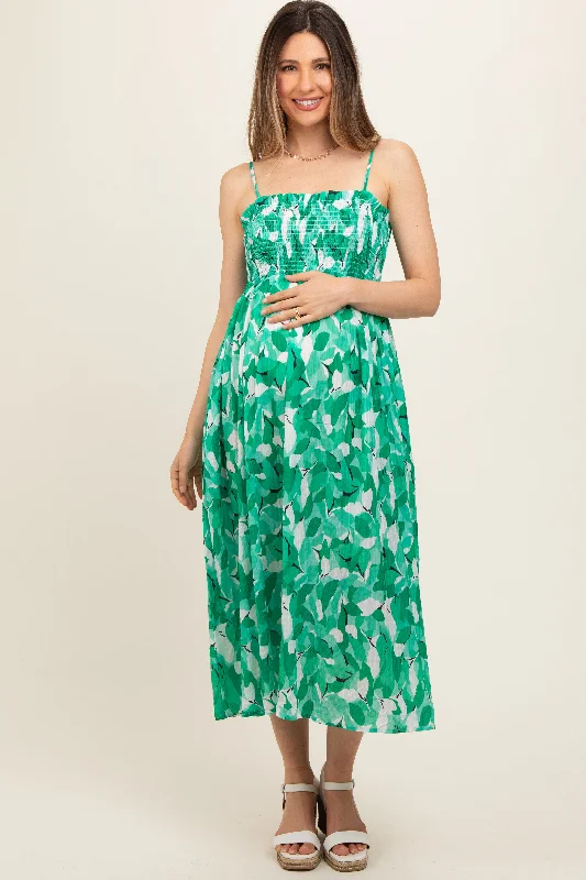 Green Abstract Floral Smocked Maternity Midi Dress Fall midi dresses