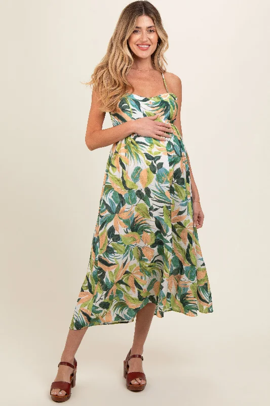 Green Leaf Print Open Back Maternity Midi Dress Silk midi dresses