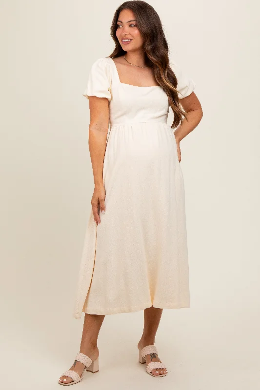 Ivory Puff Sleeve Linen Maternity Midi Dress Knitted midi dresses