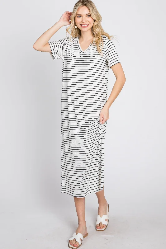 Ivory Striped Ribbed Midi Dress Spring midi dresses