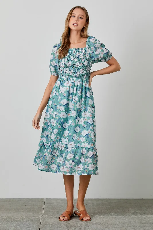 Jade Floral Smocked Midi Dress Trendy midi dresses under $50