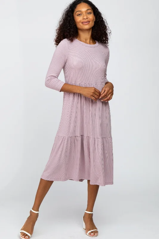 Lavender Tiered Ribbed 3/4 Sleeve Midi Dress Lightweight midi dresses for hot weather