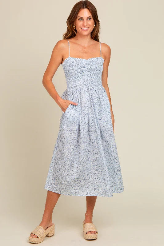 Light Blue Printed Smocked Midi Dress H&M midi dresses