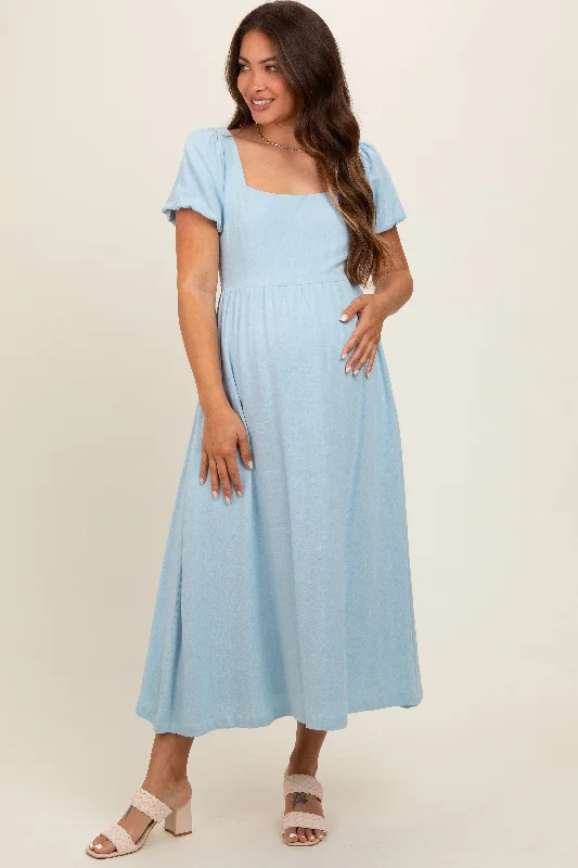 Light Blue Puff Sleeve Linen Maternity Midi Dress Best midi dresses for casual wear