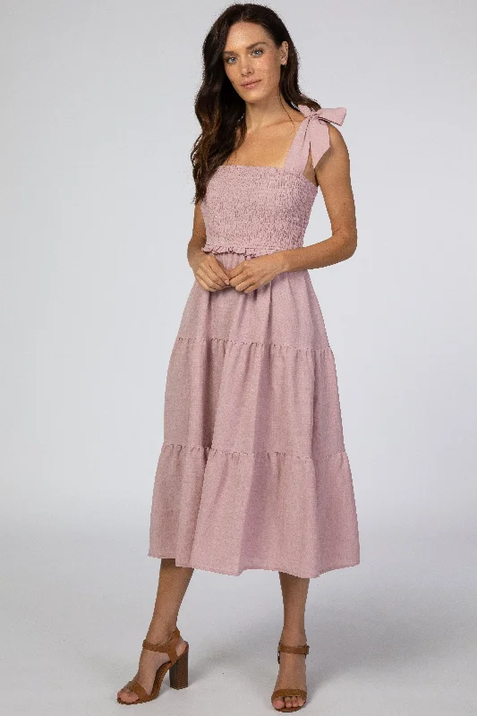 Mauve Bow Strap Tiered Midi Dress Long sleeve midi dresses