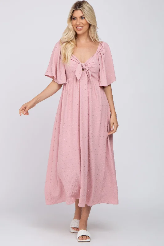 Mauve Textured Dot Front Tie Ruffle Sleeve Midi Dress Ruffled midi dresses