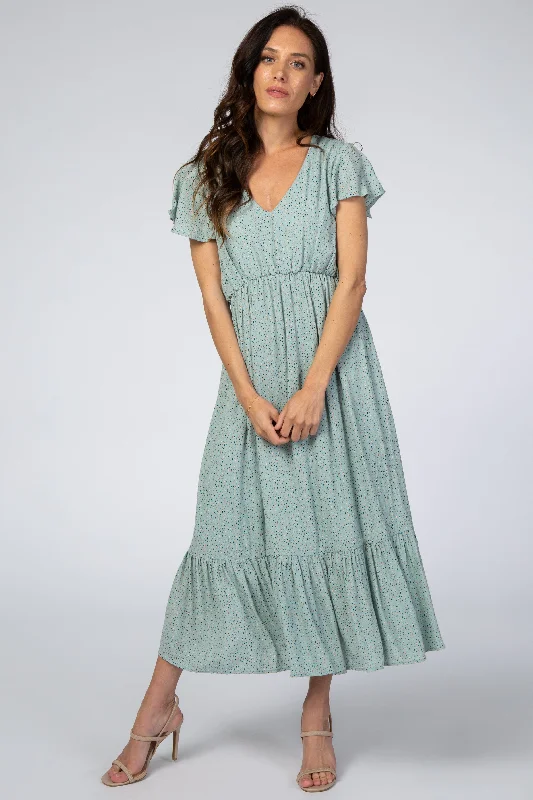 Mint Dot Print Ruffle Midi Dress Wedding guest midi dresses