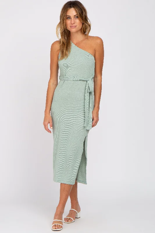 Mint Green Ribbed One Shoulder Side Slit Midi Dress Forever 21 midi dresses