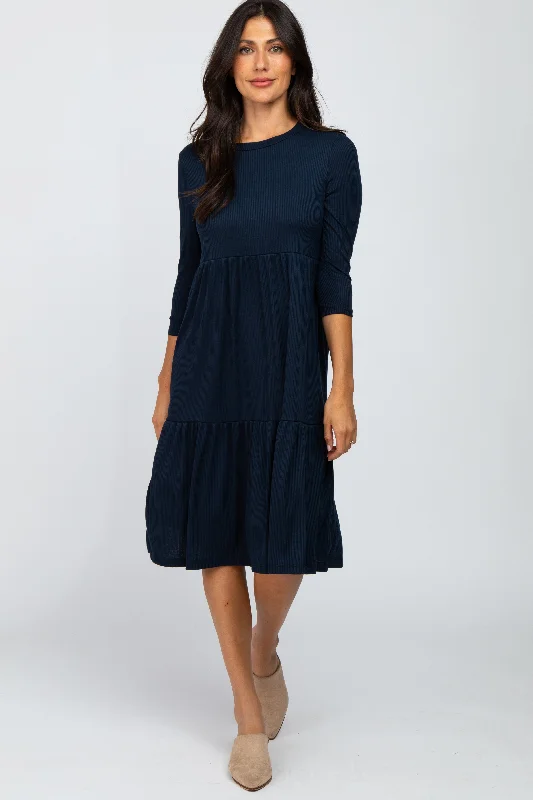 Navy Tiered Ribbed 3/4 Sleeve Midi Dress Cute floral print midi dresses