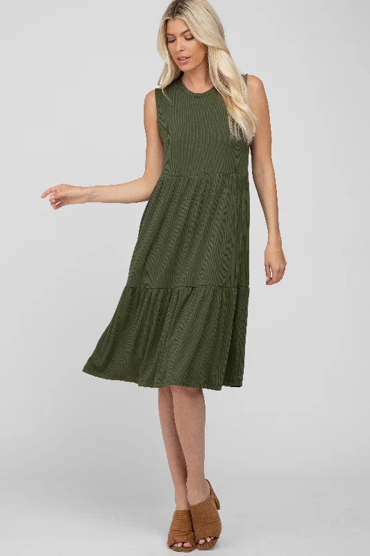 Olive Ribbed Tiered Midi Dress Anniversary midi dresses