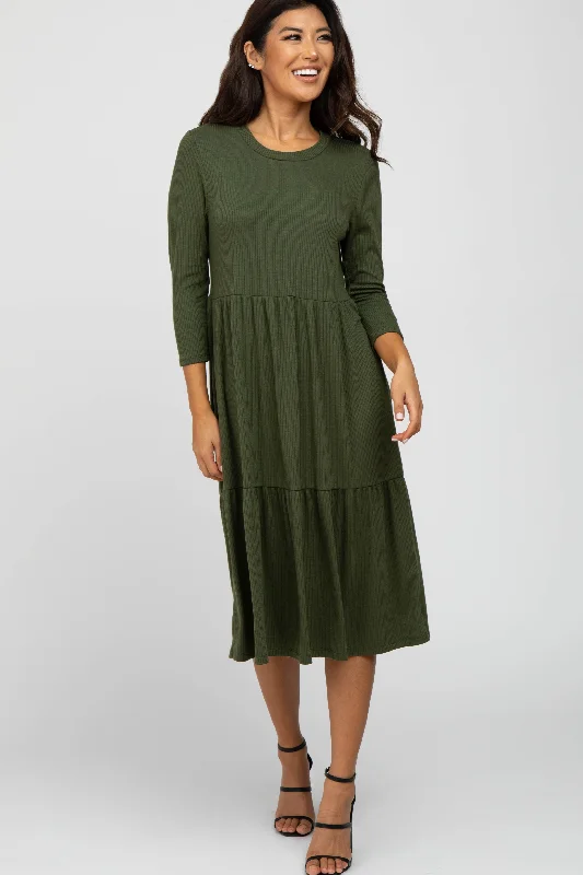 Olive Tiered Ribbed 3/4 Sleeve Midi Dress High-end midi dresses