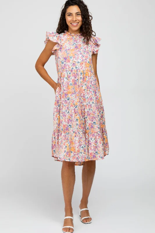 Pink Abstract Print Tiered Midi Dress Stretchy midi dresses