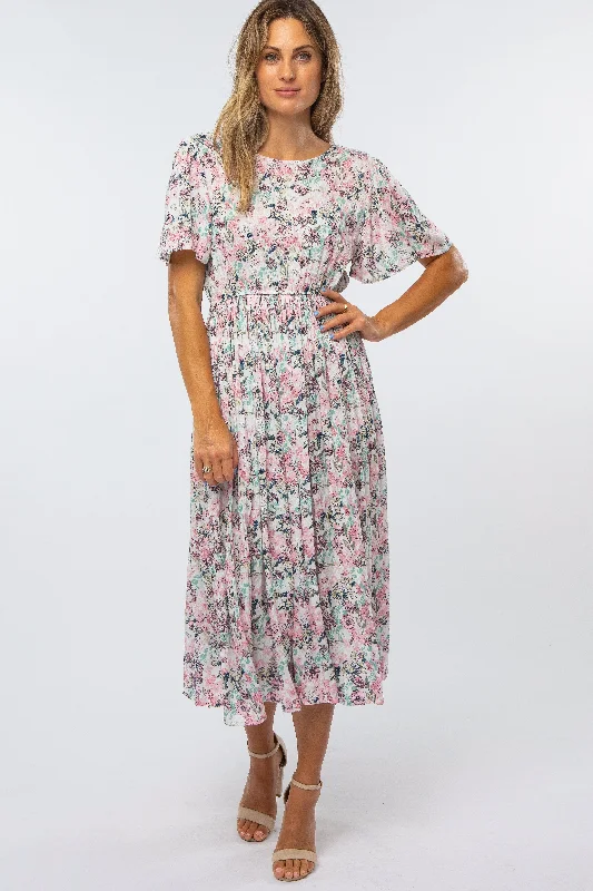 Pink Floral Pleated Midi Dress Flowy midi dresses