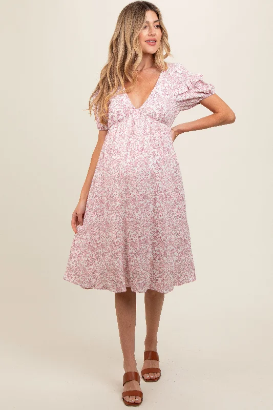 Pink Floral Tie Back Maternity Midi Dress Luxury midi dresses