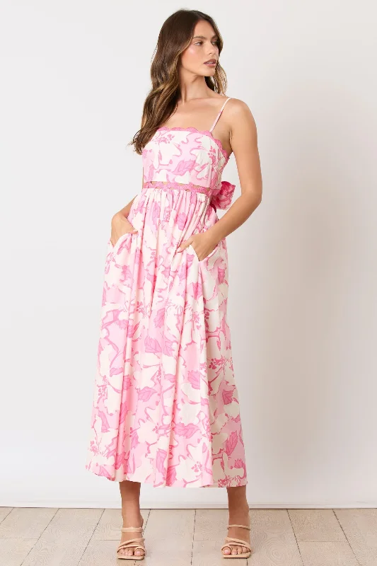 Pink Floral Wave Trim Back Tie Midi Dress Women's midi dresses