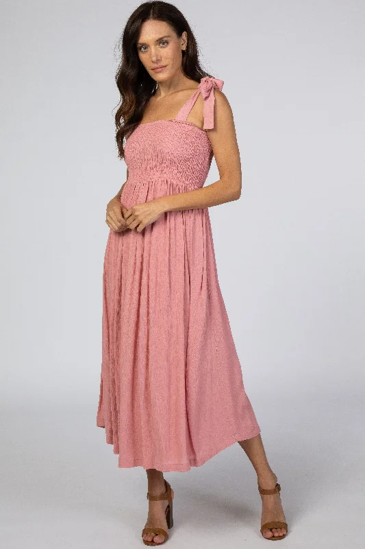 Pink Smocked Tie Strap Midi Dress Y2K midi dresses