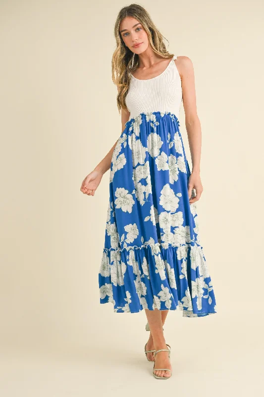 Royal Blue Floral Colorblock Midi Dress Velvet midi dresses