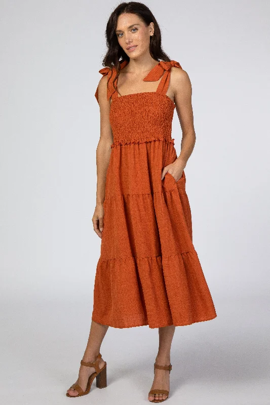 Rust Bow Strap Tiered Midi Dress Casual midi dresses