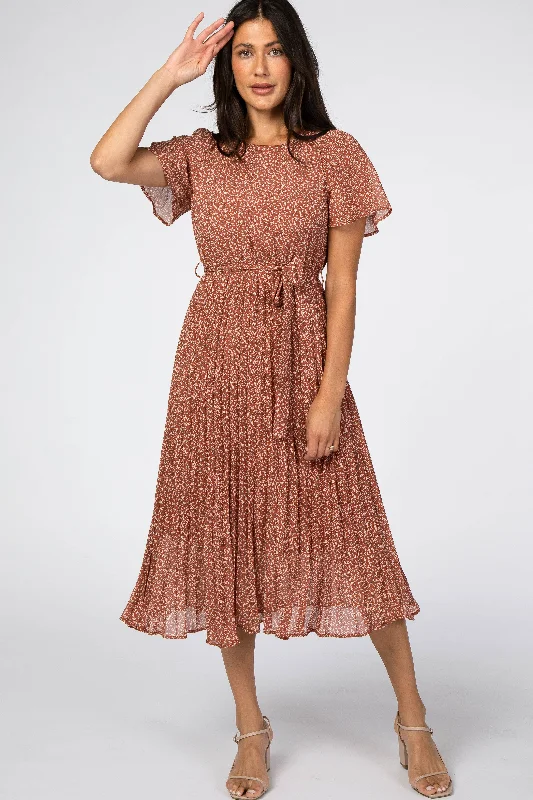 Rust Leaf Print Pleated Midi Dress Smocked midi dresses