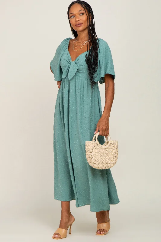 Sage Textured Dot Front Tie Ruffle Sleeve Midi Dress Minimalist midi dresses