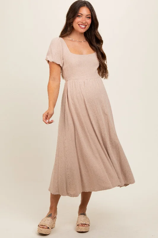 Taupe Puff Sleeve Linen Maternity Midi Dress Denim midi dresses