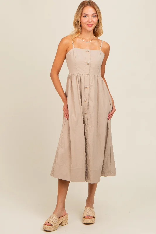 Taupe Sleeveless Button Down Midi Dress Budget-friendly midi dresses