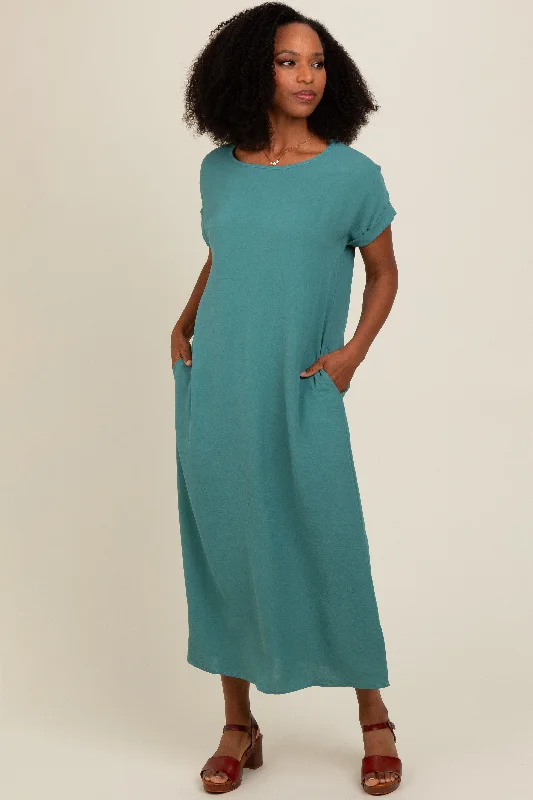 Teal Rolled Cuff Midi Dress Beach midi dresses